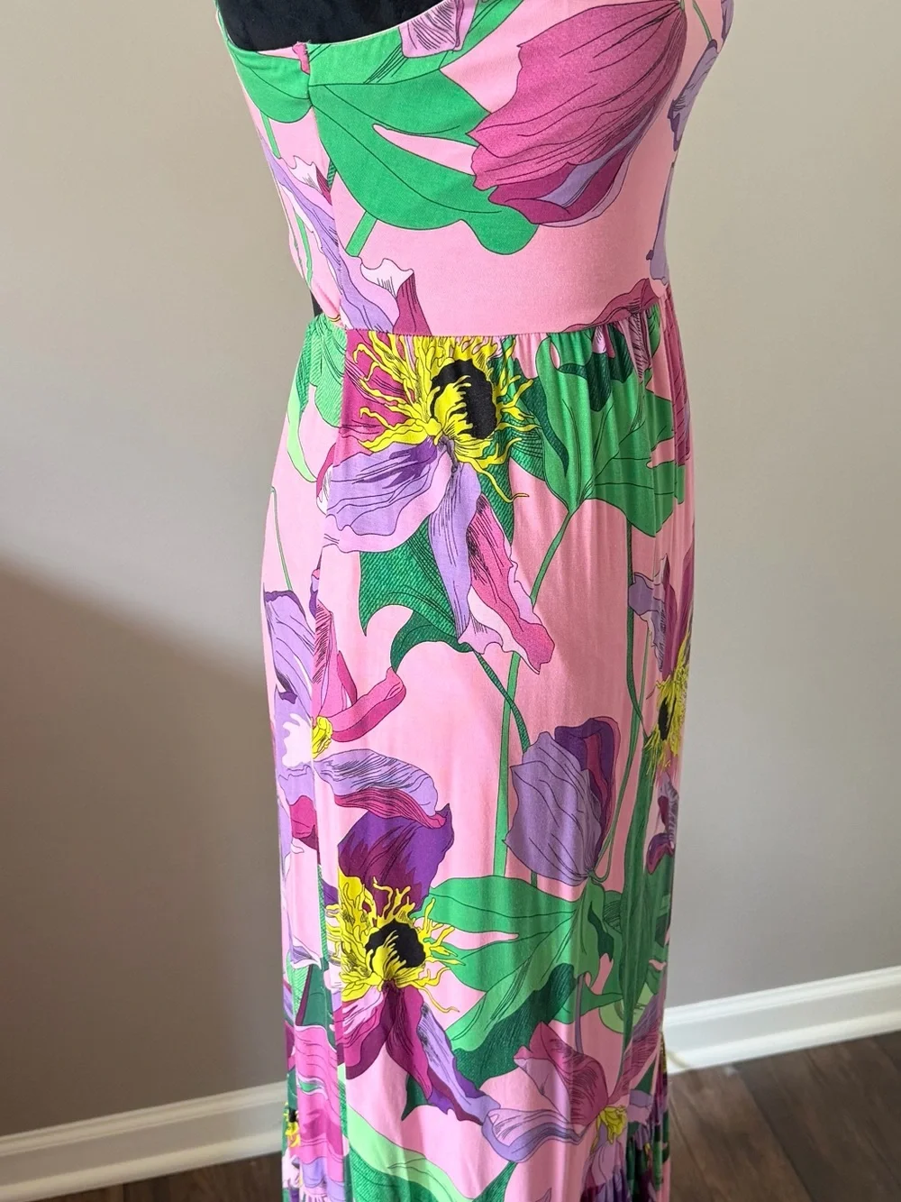 Express Pink Floral Spaghettie Strap Maxi Dress with Purple & Green Print XSmall